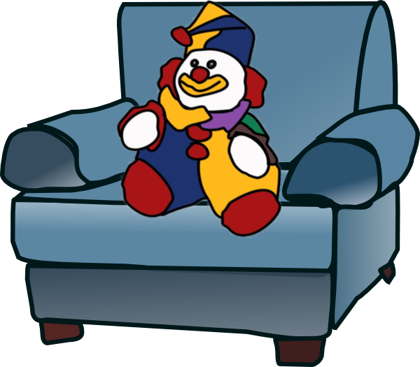 A cartoon clown sitting on a chair.